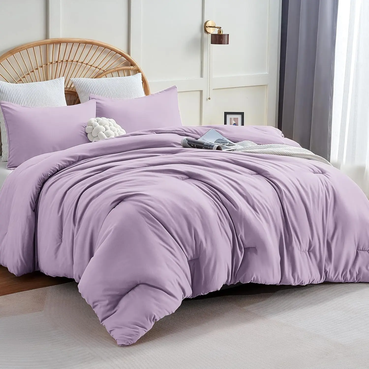 Lavender Purple King Size Comfy Microfiber Bedding Set - 3-Piece Solid Breathable Quilted Set with 1 Comforter, 2 Pillowcases, Fluffy, All Seasons, 4 Corner Ties, Machine Washable, Comfy Bedding Set