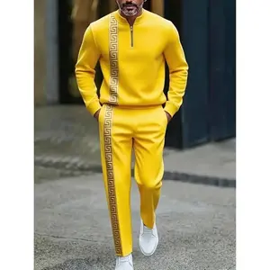 Men's fashion casual zipper stand up collar long sleeved pants set, 2-piece set, simple yellow and white pattern design, adjustable drawstring elastic waistband, comfortable vacation gift set