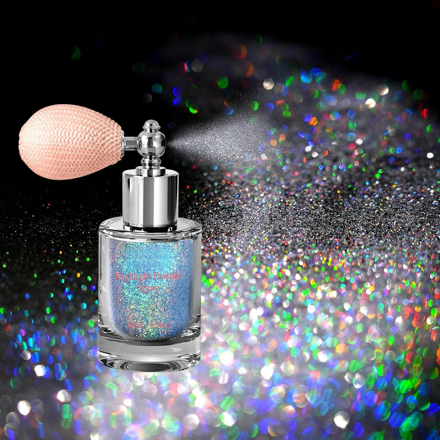 Vintage Holographic Silver Glitter Spray Powder - A-Glint-Rainbow Highlighter, Body Pearlescent Glitter, Rave-Ready Cosmetic for Face, Hair, Nails, Clothes, Eyeshadow Makeup, Heart-Shaped Vintage Perfume Bottle Design