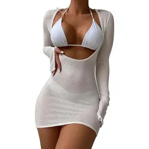 Women's 3-Piece Nylon Bikini Set - Triangle Halter Bathing Suit, Sexy Mesh Beach Cover Up, Casual Vacation Outdoor Swimwear