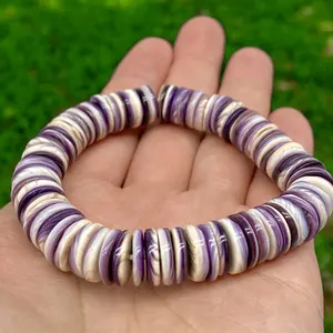 Premium-Grade Wampum Quahog Shell Beads Bracelet From New England/New York (America's First Currency - Year 1637-1673) Native American Style - Smooth Heishi - Elastic 7.25 Inches