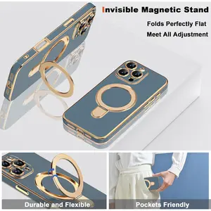 for iPhone 16 Pro Max Case with Magnetic Ring Stand [Compatible with Mag-Safe] [Full Camera Lens Protector] Soft Plating Phone Case for iPhone 16 Pro Max 6.9", Grey Blue