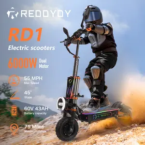 [REDDYDY] 2025 RD1 6000W Dual Motor Electric Scooter for Adults - 55 MPH, 60V 43Ah Battery, 75-Mile Range, 11-Inch Off-Road Tires, Front and Rear Hydraulic Disc Brakes, Dual Suspension, Weight Limit 200 Kilograms, UL 2272 Certified