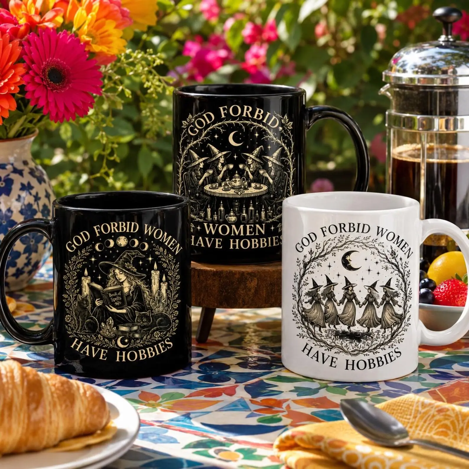 God Forbid Women Have Hobbies Black Mug, Vintage Witches Coven Dancing Cup, Funny Feminist Witchy Gift for Bestie Sister, Halloween Gift