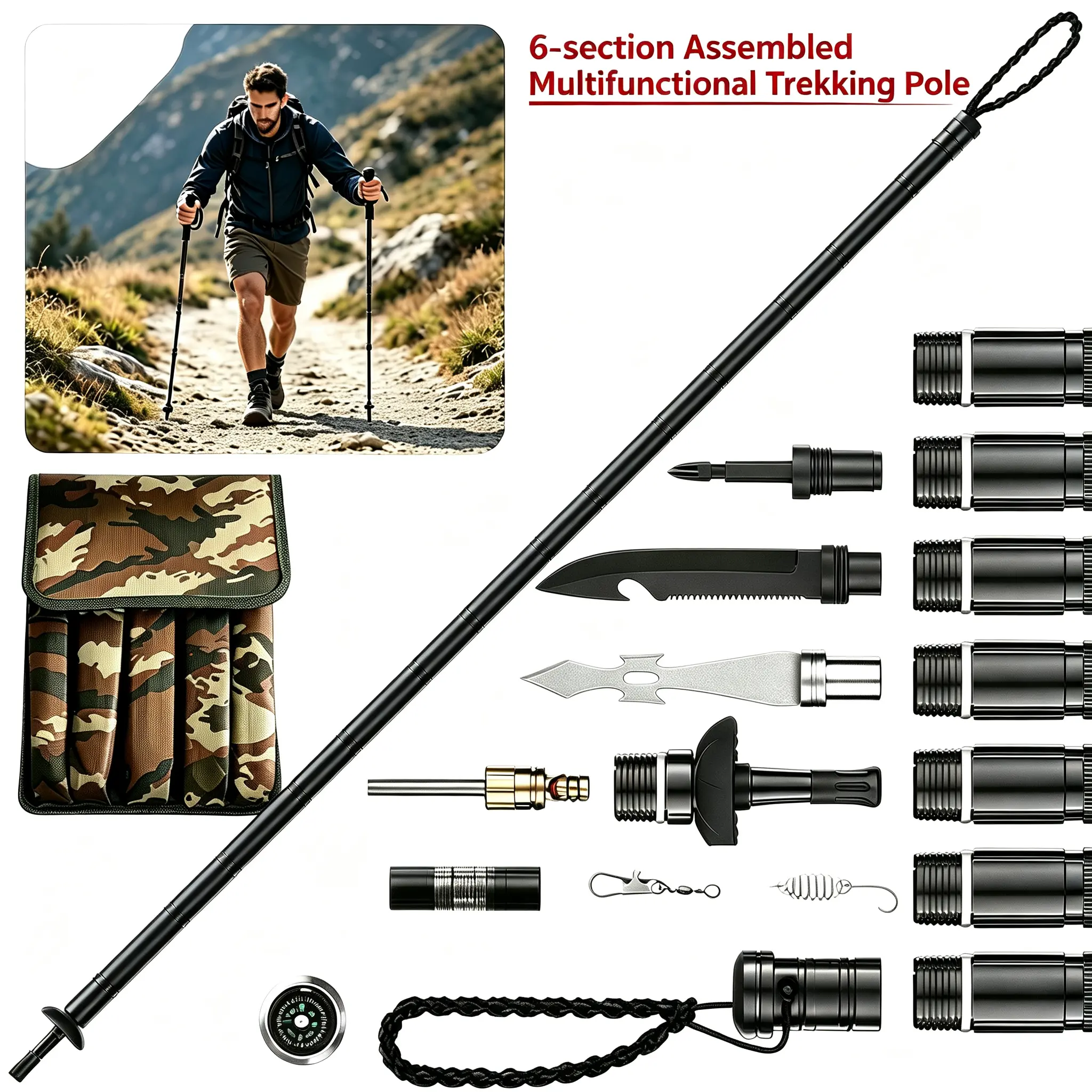 Height-Adjustable Anti-Rust Aluminum Alloy Multi-Tool Survival Trekking Pole - Collapsible Hiking Stick with Knife, Flint Fire Starter, Whistle, Screwdriver - Portable Outdoor Survival Camping Emergency Gear