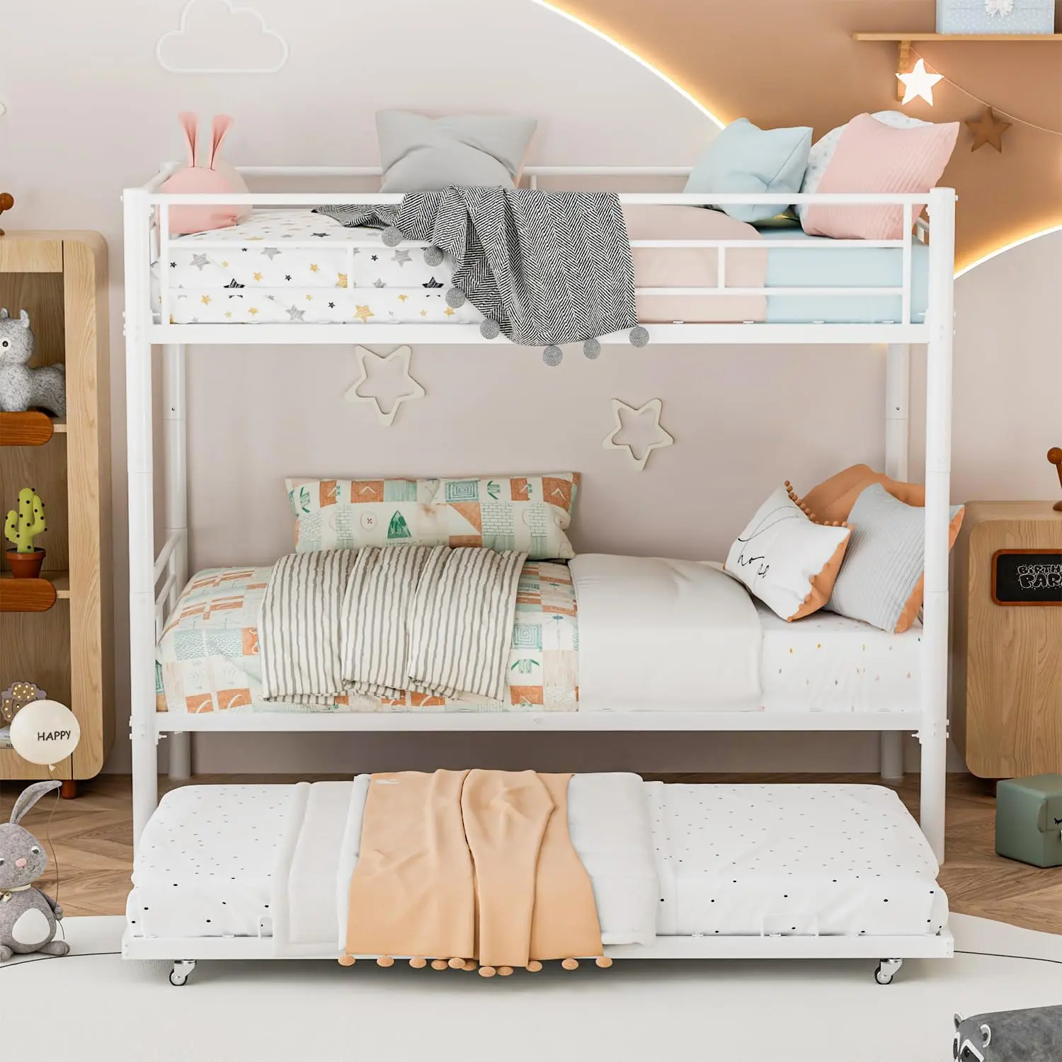 Bunk Bed Twin Over Twin with Trundle, Heavy Duty Metal Bunk Beds for Kids, Convertible 3-in-1 Triple Bunkbed that Can Be Separated, 400lbs Capacity per Bed, Widened Ladder & Guardrails, White