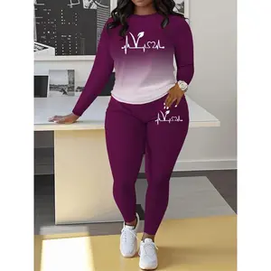 Women’s Ombre Letter Print Sweatshirt & Skinny Pants Two-Piece Set, Casual Crewneck Long-Sleeve Pullover & Trousers for Spring & Autumn, Women’s Everyday Wear GARMENTARY