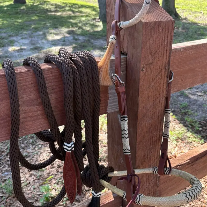 Complete Horse Size Bitless Rawhide Bosal Bridle Nylon Mecate Rein Set