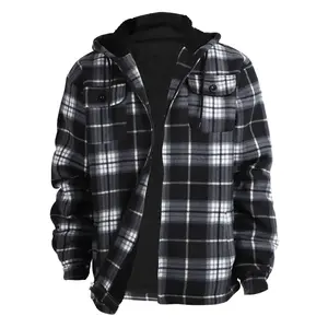 Men's Plaid Flannel Jacket Sherpa Lined Long Sleeve Shirts Button Closure Cuffs With Hooded