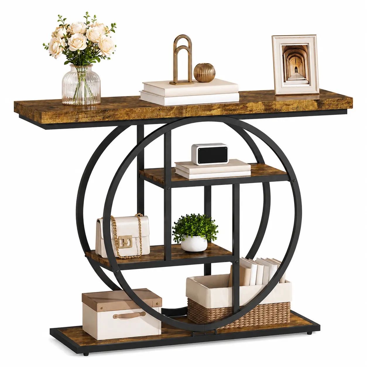 47.2-Inch Farmhouse Industrial Round Ring Frame Console Table - Rustic Brown Narrow Table with 4-Tier Open Storage Shelves, Sturdy Black Metal Frame, Adjustable Ft for Living Room, Entryway