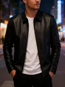 Men's Spring & Fall Leather Jacket Set, Outdoor Casual Motorcycle Leather Coat, Durable and Fashionable, Plain Pattern, Fitted Style