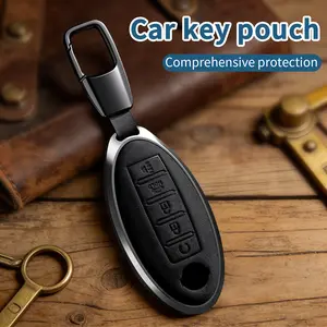 For genuine leather Key Fob Cover with Keychain Compatible with Altima Pathfinder Armada Murano Maxima Rogue Infinity Smart Remote, Genuine Leather Case for 5 Button Smart Key
