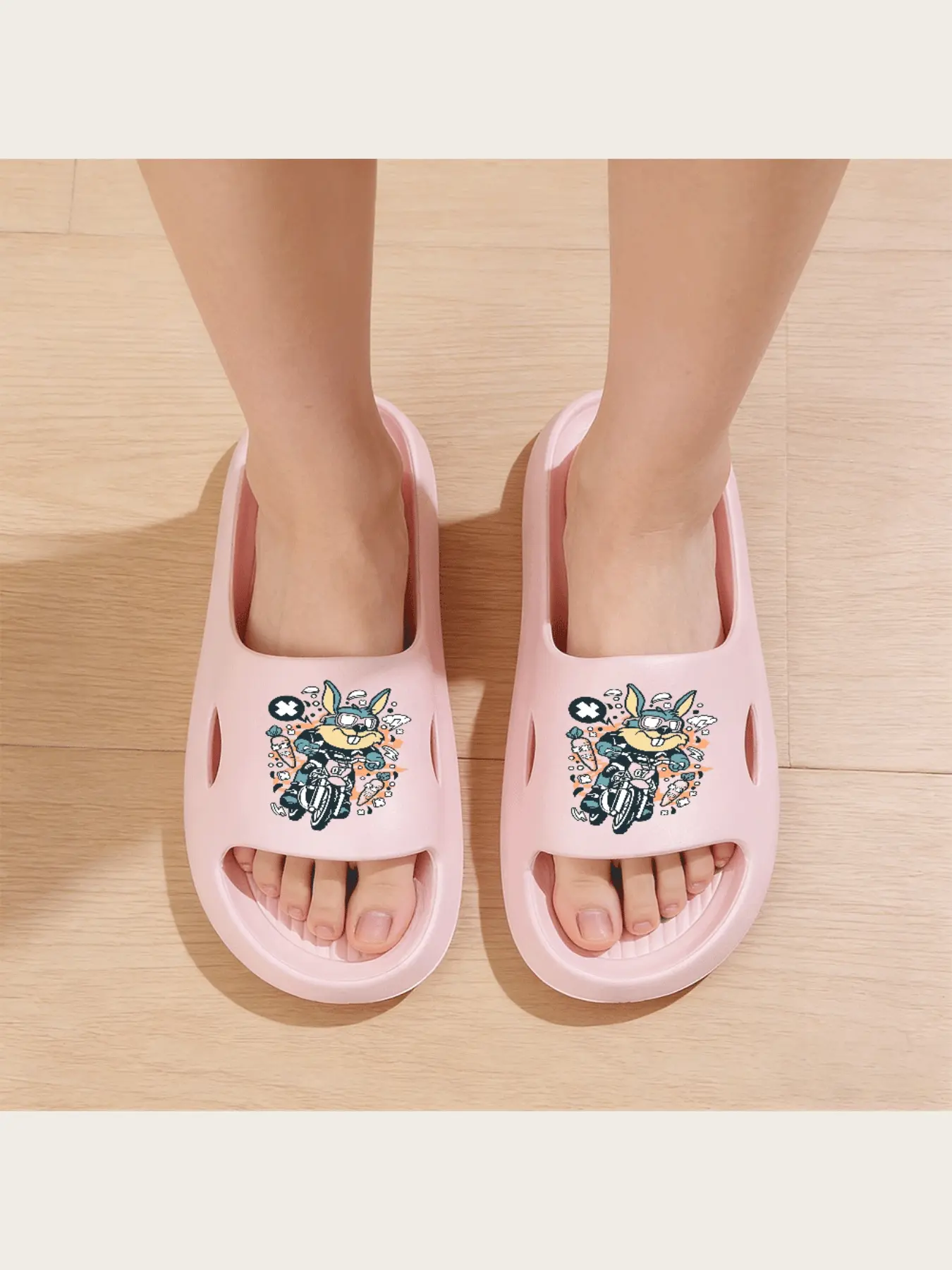 Cool Rabbit Motocross Slippers Men Women Cartoon Motorcycle Print Non Slip Indoor Outdoor Comfortable Casual Home Shoes Funny Carrot Pattern Beach Slides Lightweight Breathable Soft Sole Daily Wear Footwear