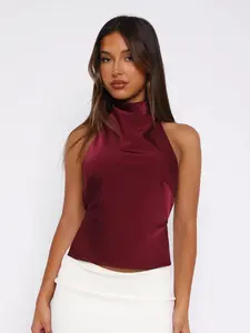 Elegant Satin Halter Top, Halter Neck, Stand Collar Design, Backless Straps, Fine Texture, Versatile for Commuting, Dates, Parties