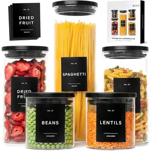 Glass Storage Containers with Black  [Extra Thick Glas] with 54 Labels - Canister For Pantry Noodles Flour Cereal Rice Sugar  Coffee Beans - Round Set of 5x