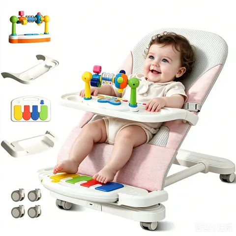 4-in-1 Portable Fold Baby Carrying Bouncer Seat - Stainless Pipe, Silent Rolling Wheels, Detachable Piano, Feeding Tray, Multi-Mode Toy Play Bar, Thick Base, 3-Level Adjustable Incline for 0-24 Months Infants Up to 29Lbs (Baby Bouncers, Jumpers & Swings)