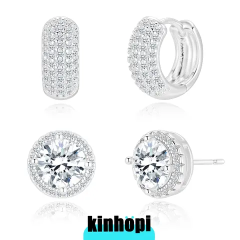 KINHOPI Earrings for Men - 2 Pairs 14K Gold/Silver-Plated Cubic Zirconia Round/Square Stud with Huggie Hoop Earrings Set for Women, Mens Earring Studs for Sensitive Ear