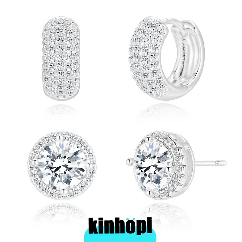 KINHOPI Earrings for Men - 2 Pairs 14K Gold/Silver-Plated Cubic Zirconia Round/Square Stud with Huggie Hoop Earrings Set for Women, Mens Earring Studs for Sensitive Ear