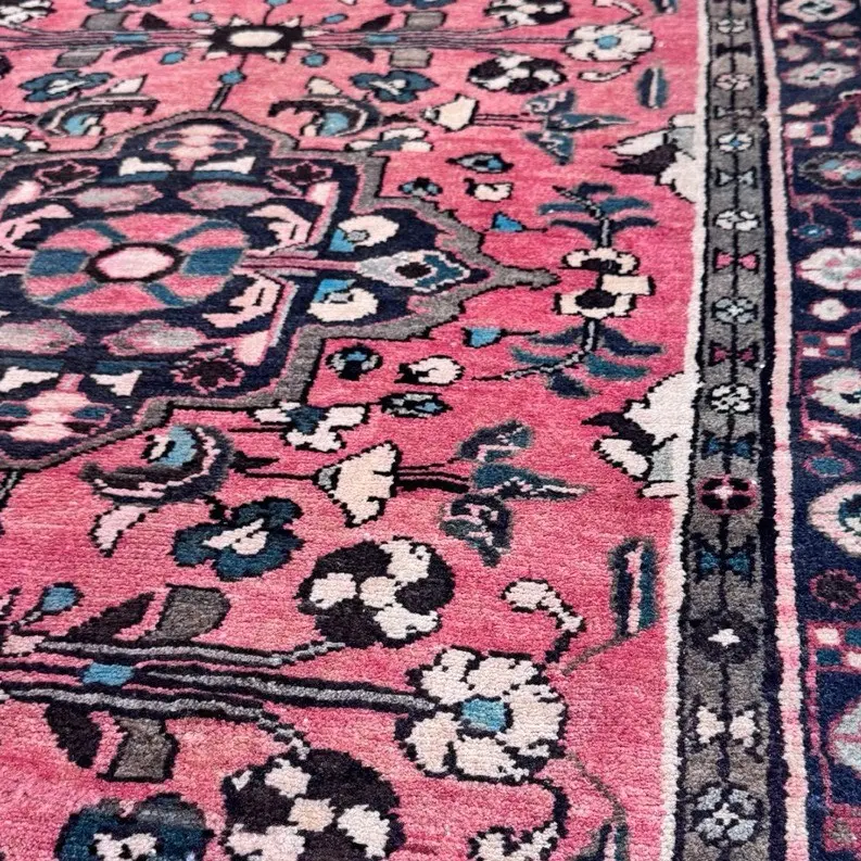 Roshan Persian Tribal Rug in Magenta and Navy 3.5 x 9.7 ft Handcrafted Floral Design Area Rug