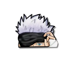 Go-Joooo Peeker is a hand drawn sticker based off of Gojo from Jujutsu Kaisen. It is about 4.5 inches in width. This Peeker is weatherproof and waterproof
