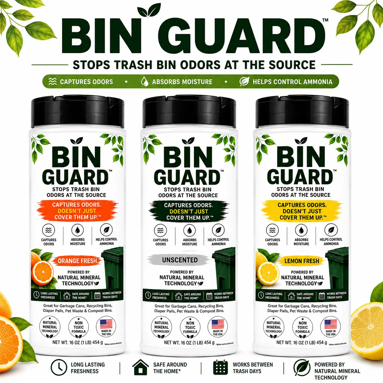 BIN GUARD Trash Bin Odor Eliminator Powder (16oz) - Lemon Fresh, Orange Fresch, and Unsented Natural Deodorizer & Liquid Absorber for Garbage Cans, Recycling & Diaper Pails