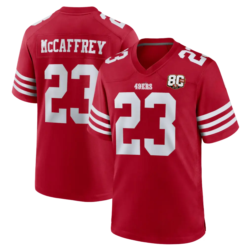 Trendy Football Season 2026 Full Logo Printed McCaffrey 23 Football Jersey Tee Shirt, 80th Anniversary Game Jersey Football Tee, Alternate Custom Game Jersey, Sport Activewear for Men Women