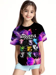 Colorful Axolotl Girl Short-Sleeve T-Shirt, Cute graphic tee, Cute cartoon axolotl and butterfly microphone print, black base with neon accents, soft and breathable fabric, round-neck casual top summer outdoor play, machine washable children's gift