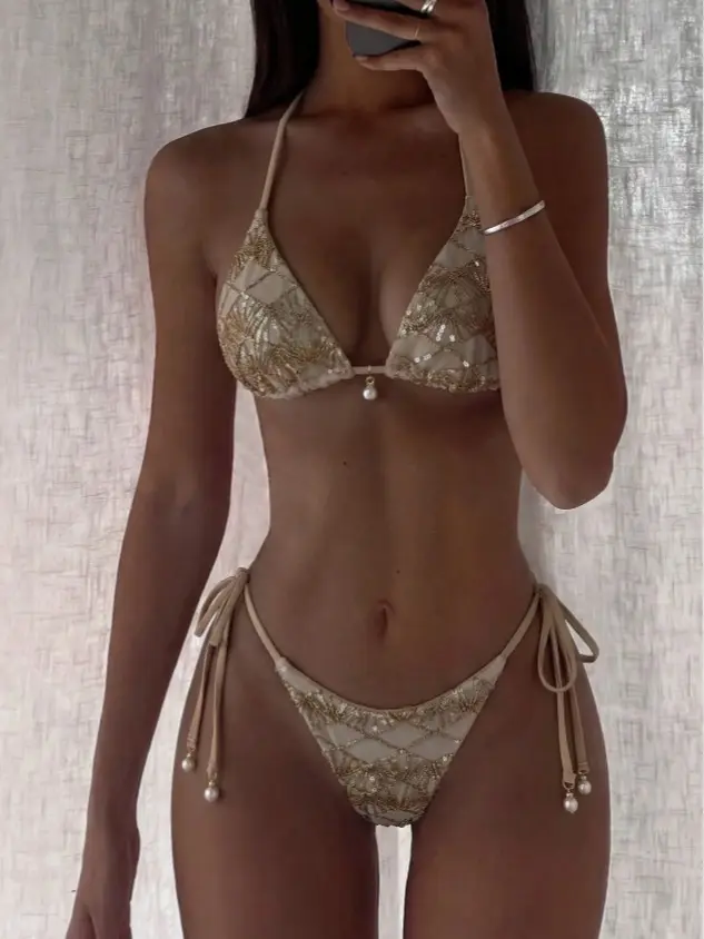 2 Pieces Bikini Set, Spring/Summer Vacation, Colorful Sequin Special Fabric Triangle Cup Bra And Side Tie Bikini Bottom, Sexy