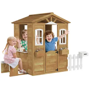Outsunny Outdoor Playhouse for Kids Wooden Cottage with Working Doors Windows & Mailbox, Pretend Play House for Age 3-6 Years, Natural Wood