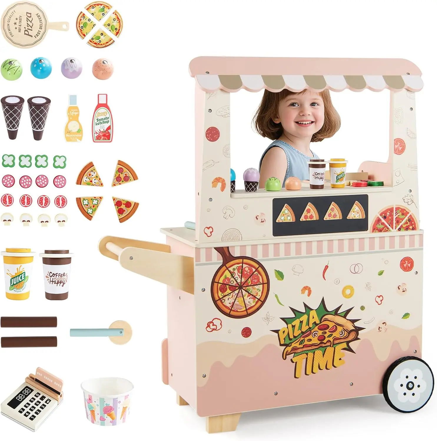 Costzon Wooden Pizza Food Truck, Kids Pretend Play Snack Shop Playset w/Oven, Magnetic Blackboard, Ice Cream, POS Machine, Wheels, Toddler Stand Activity Center Push Cart for Boys Girls 3+