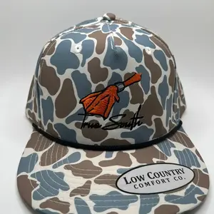 True South Blue Camo Rope Hat | 5 Panel Performance Outdoor Hunting Cap, Embroidered Orange Banded Duck Foot, Vintage Aesthetic Country Snapback