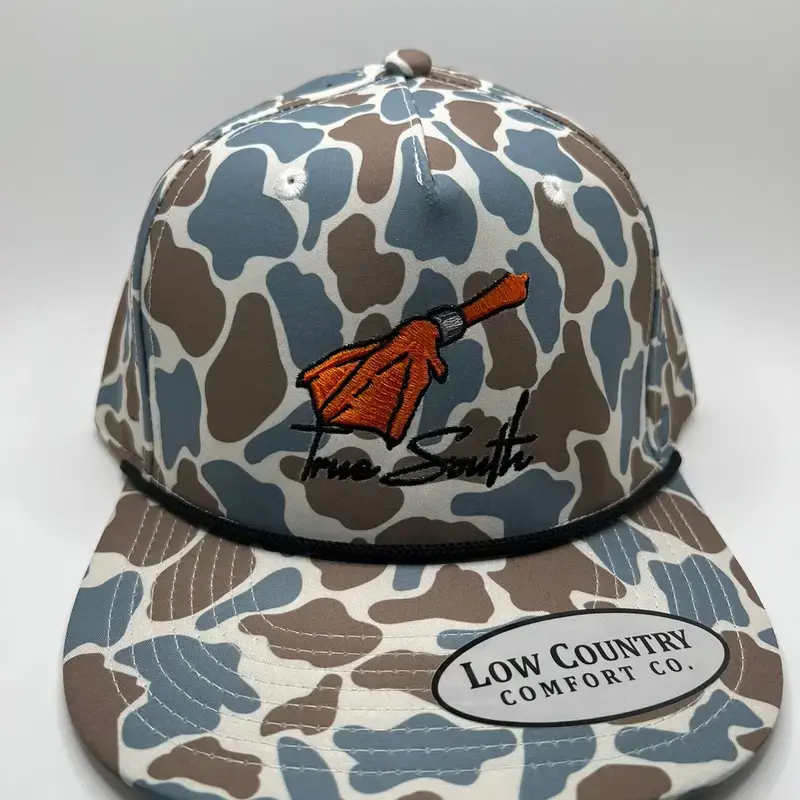 True South Blue Camo Rope Hat | 5 Panel Performance Outdoor Hunting Cap, Embroidered Orange Banded Duck Foot, Vintage Aesthetic Country Snapback
