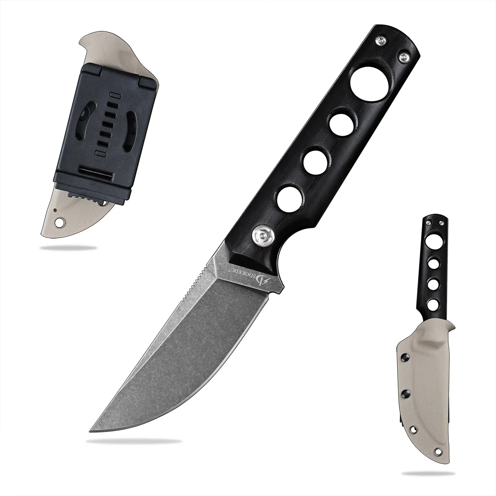 SDOKEDC Tactical Fixed Blade Knife, DC53 Steel with G10 Handle and Kydex Sheath - Men's Survival Gear for Camping and Hunting