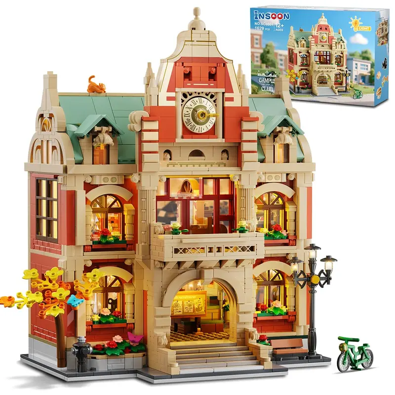 University Club House Building Set with Light,1629PCS City Campus Architecture Model with Painting Drama Baking Music Club, Home Decor Construction Building Block Gift for Adults Boys Girls 12+