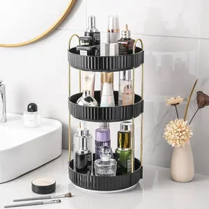 360 Rotating Makeup Organizer for Vanity, Large Spinning Bathroom Counter Organizer Shelf Holder for Cosmetics, Skin Care, Lipsticks (3 Tiers, Black)