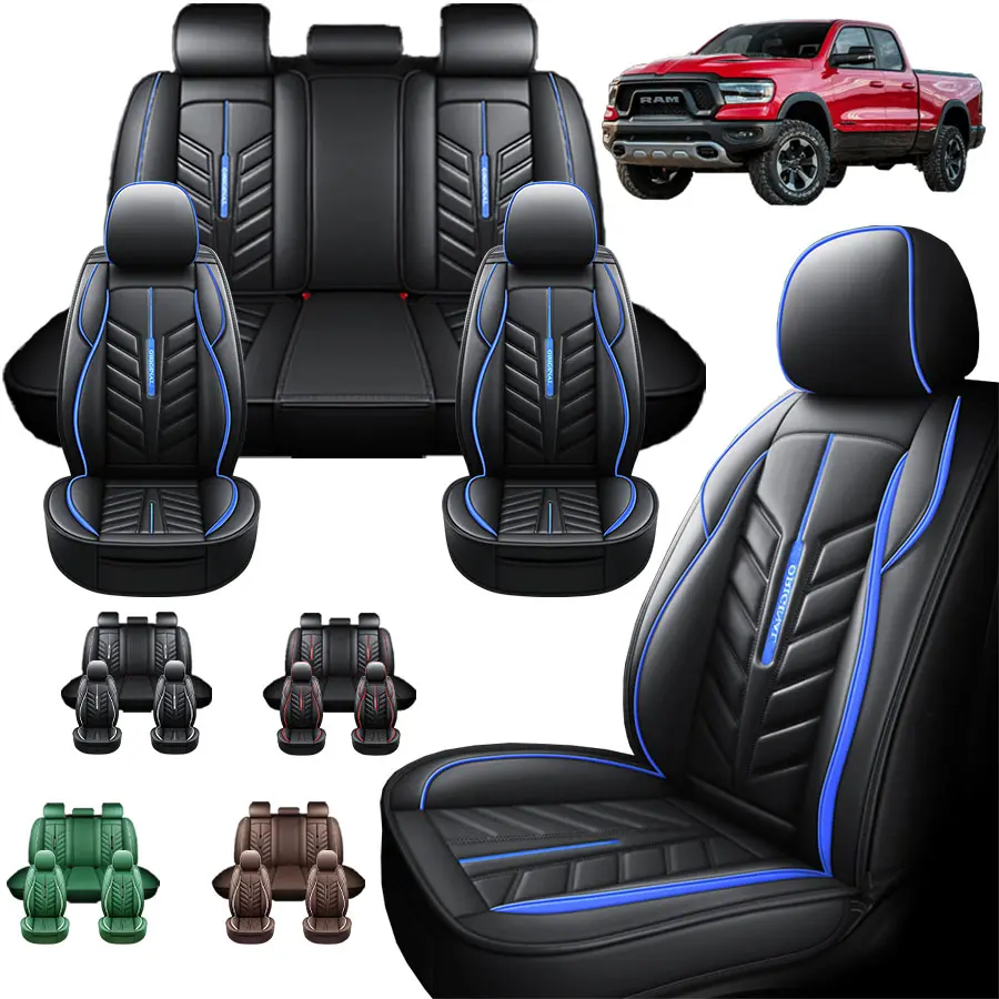 Dodge Ram Car Seat Covers 2009-2023, Black & Blue Leatherette Full Set, Front & Back Seats Protection, Automotive Upholstery, Durable Stylish PU Leather, Car Interior Accessories, Car Seat Accessories