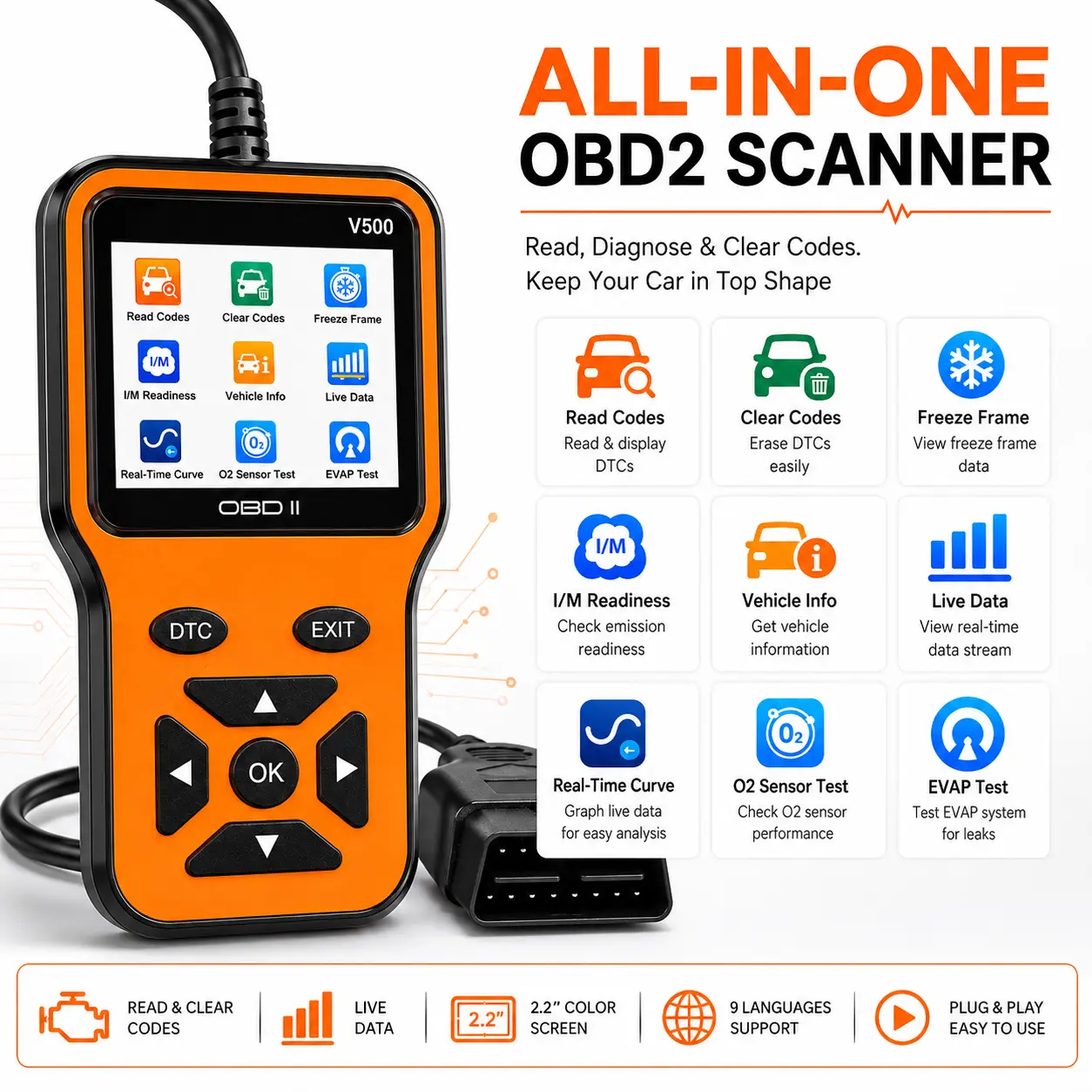 V500 OBD2 Scanner Code Reader, automotive engine diagnostic tool with code reading and clearing, live data, freeze frame, I/M readiness, O2 sensor & EVAP test, 2.2" color screen voltage tester