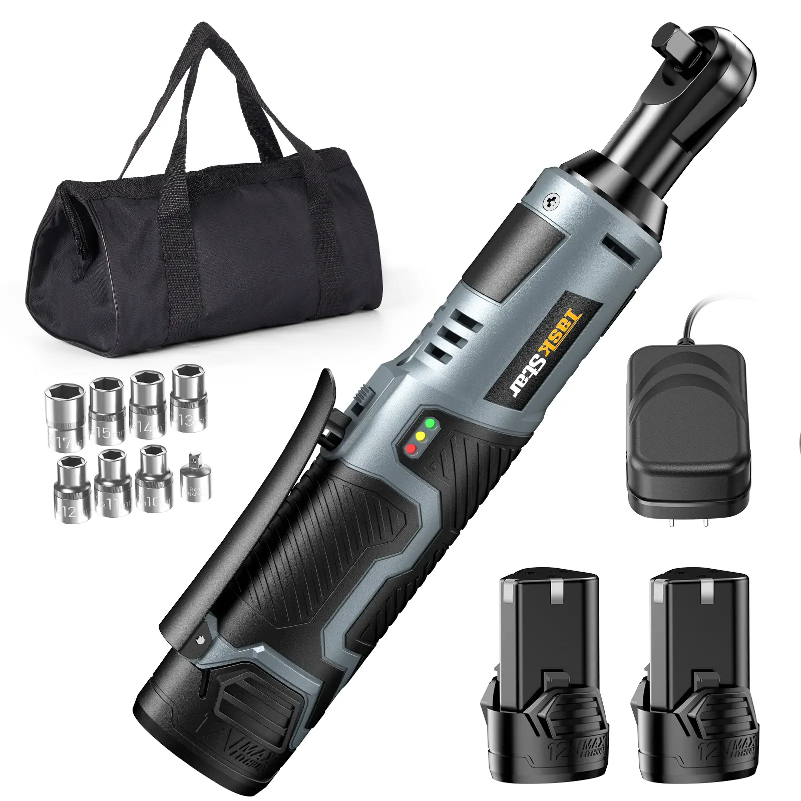 TaskStar Electric Ratchet Wrench 3/8 inch, 40 Nm Cordless Wrench Set with Variable Speed Trigger, 12V 2x 2Ah Batteries & Fast Charger, 1/4" Adapter &7