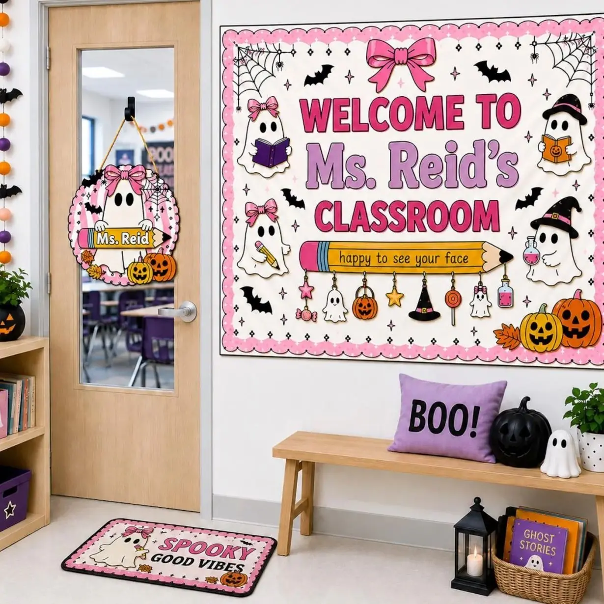 Personalized Halloween Classroom Tapestry, Custom Teacher Ghost Banner, Haunted Schoolhouse Wall Hanging, Back to School Decor