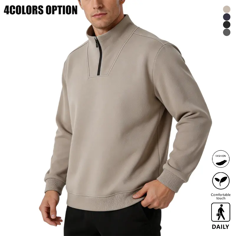 Men’s solid-color half-zip stand collar sweatshirt, ribbed cuffs, long sleeves, pullover top—soft, skin-friendly, ideal for everyday commuting and casual wear.