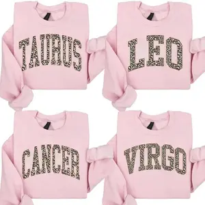 Full 12 Zodiac Leopard Print Zodiac Sweatshirt – Light Pink Color, Astrology Sign Crewneck for Women, Taurus Leo Cancer Virgo Graphic Pullover, Trendy Star Sign Sweater Gift