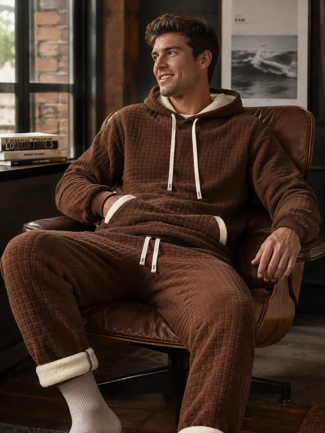 Men's 2-Piece Coffee Brown Plush-Lined Hooded Sports Set - Loose-Fit Sweatshirt & Medium Length Sweatpants, Warm Thick, Casual Street Style, for Young Men, Autumn Winter Daily Wear