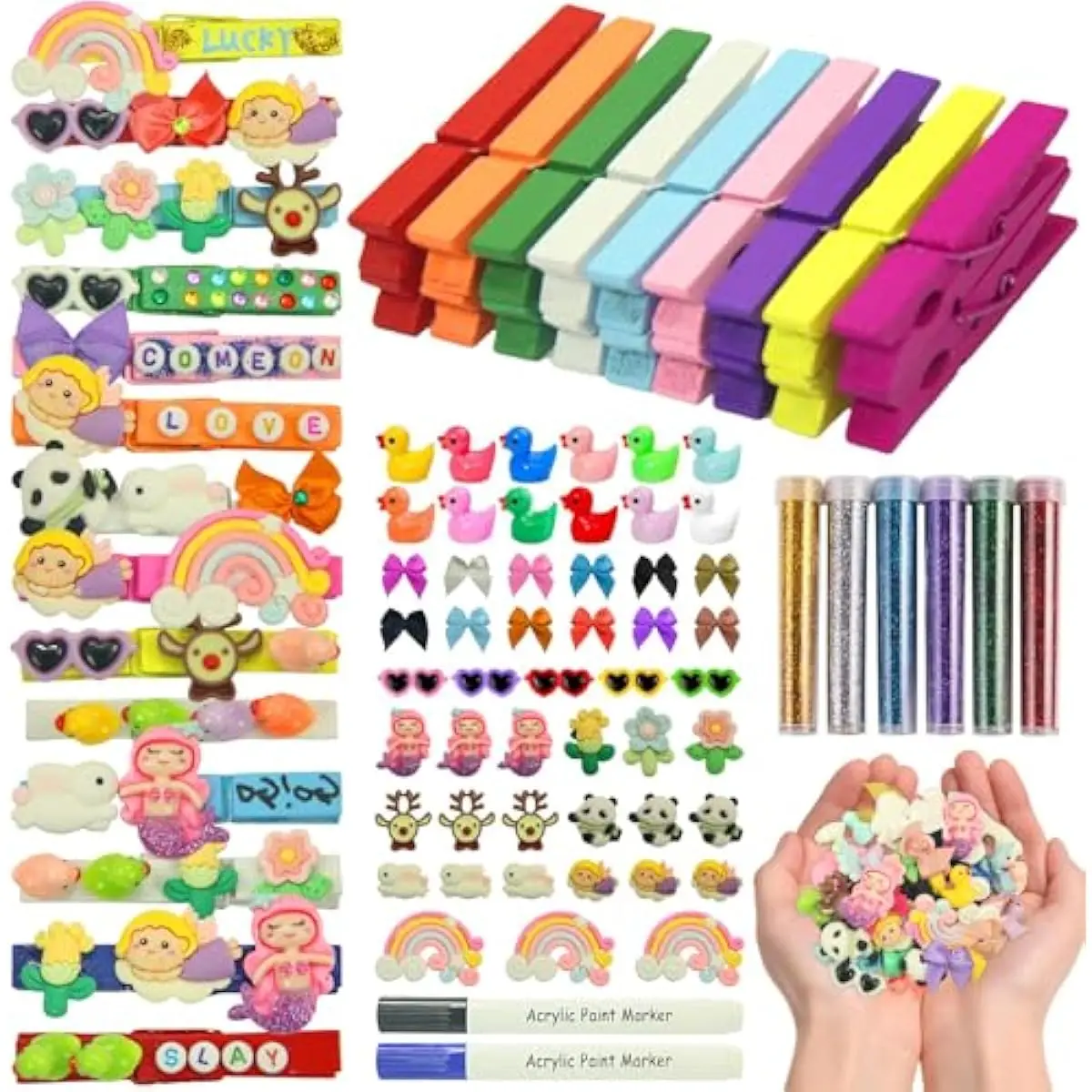 60 PCS Cheer Pins Spirit Clips, Wooden Cheer Pin Decorations for Backpacks Include Mini Resin Ducks Mini Bows Self Adhesive Stickers Pen for Cheer Clothes pins Ribbon Team Classroom Cheer Gifts
