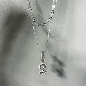 [LeBijouLab] Golden & Silver Iced Cube Initial Necklace For Women | Zirconia Stone Bubble Initial Letter Necklace For Men | Alphabet Necklaces Fashion Unisex Letter Necklace | Easter Gift | Birthday Gift Anniversary Gift Mother's Day Gift