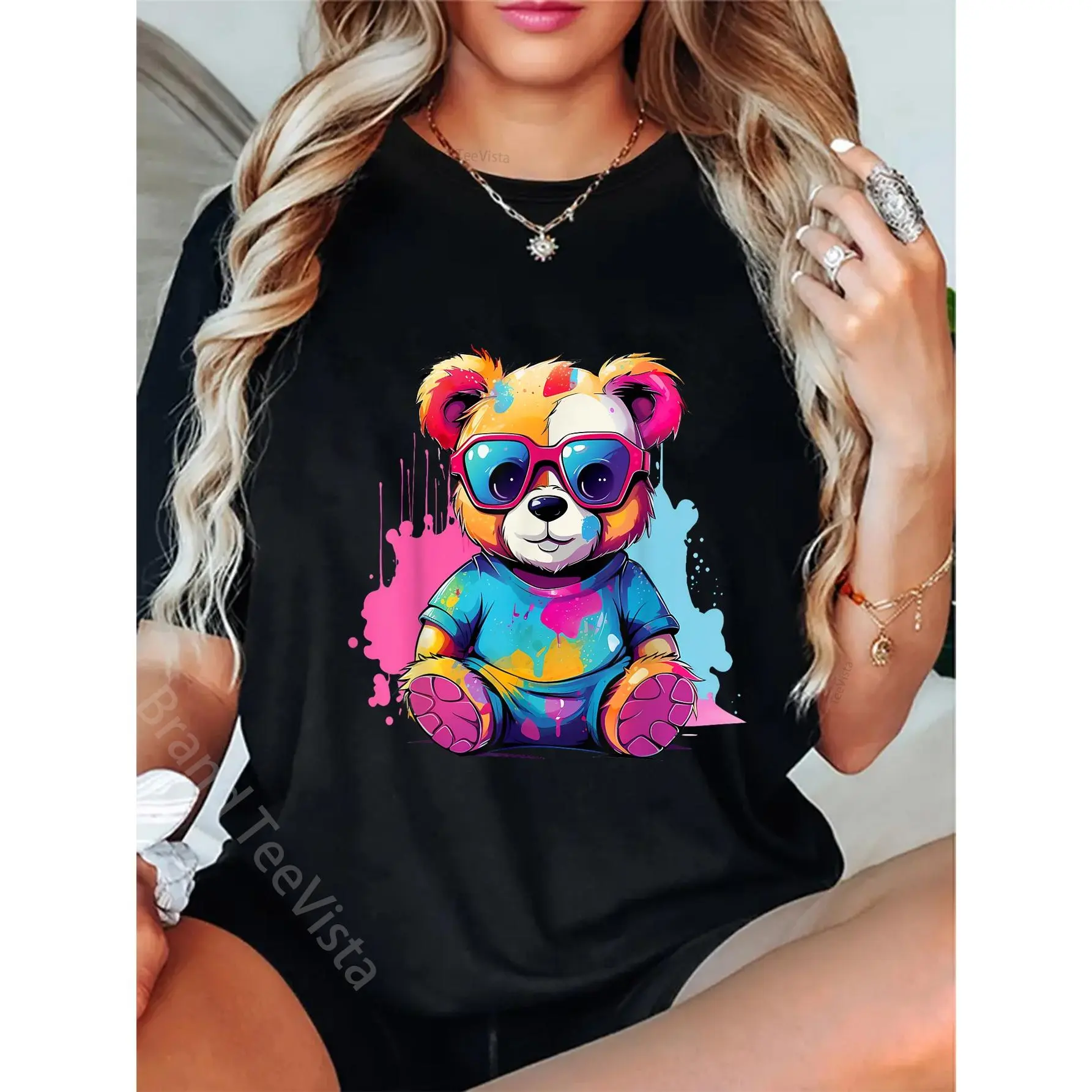Women's Graphic Cotton Short-Sleeve Casual Everyday Colorful Teddy Bear T-Shirt, Shortsleeve, Lady