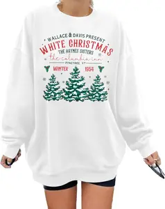 MYHALF Women's White Christmas Sweatshirt, Crewneck Christmas Tree Graphic Shirt, Oversized Xmas Pullover Sweater.