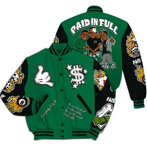 Varsity Jacket Match Pine Green 3s, Paid in Full Money Graphic Design, Trendy Oversized Streetwear, Unisex Baseball Jacket Gift
