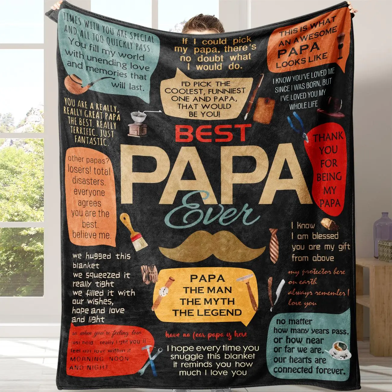 Best Papa Ever Letter Print Flannel Cozy Blanket, Slogan Print Blanket, 1 Count Soft Comfortable Throw Blanket, Air-conditioned Room Blanket, Warm Nap Blanket for Home Office Travel Camping, Flannel Blankets, Printed Flannel Blanket