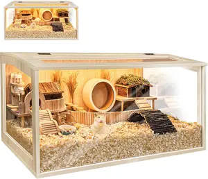 PROLEE Wood Roof Hamster Cage Chewproof, 32"L x 16"W x 16"H Inches, Large Hamster Cages and Habitats, Openable Top with Acrylic Sheets Solid Built, Access for Hamster Gerbil Mouse
