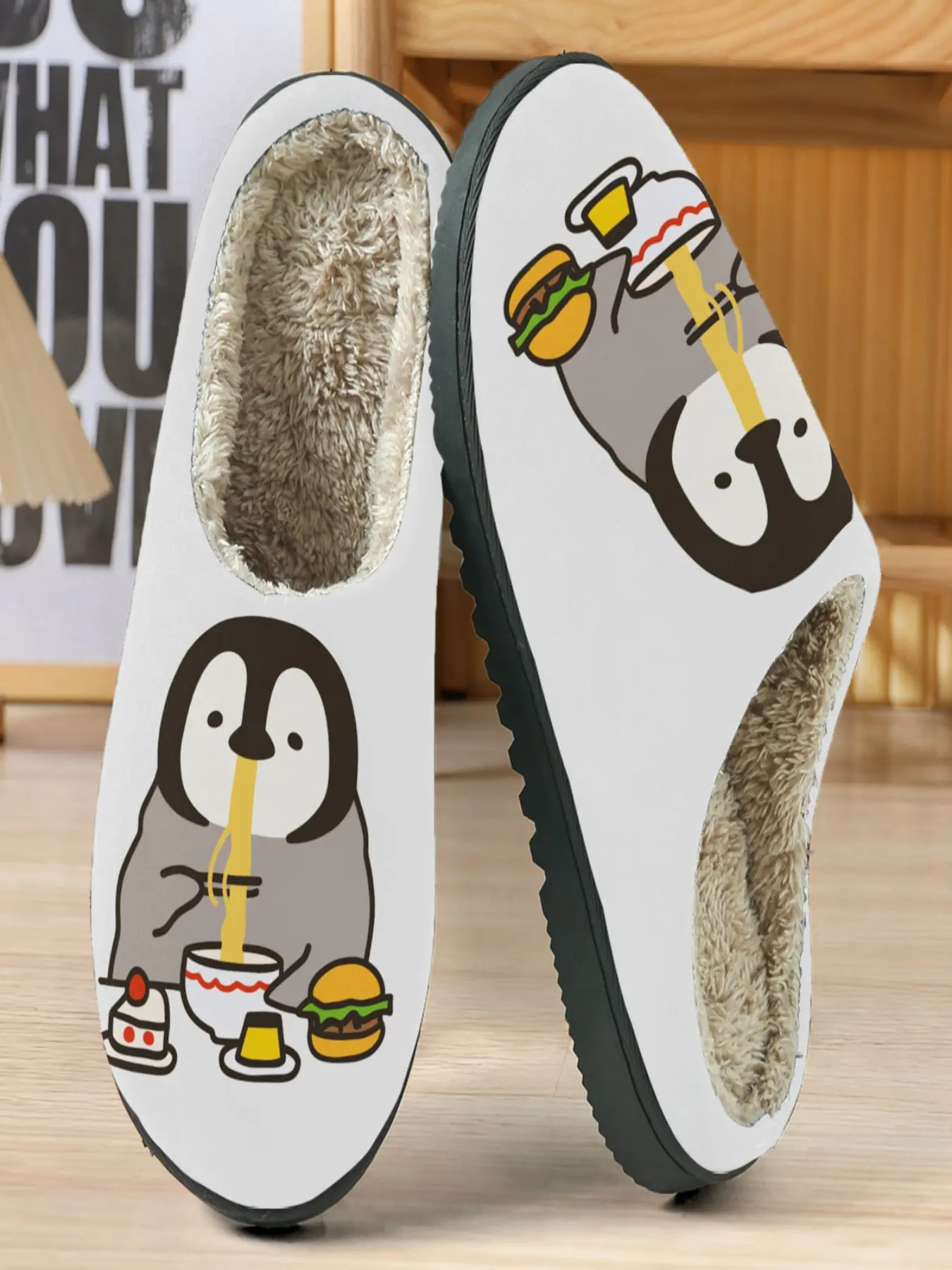 Cute Penguin Cotton Slippers, Base Color, Plating Noodles & Hamburgers Design, Soft Eva Sole, Casual Home Wear